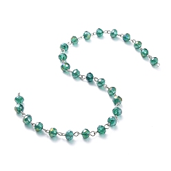 Green Handmade Electroplate Glass Beaded Chains, with Platinum Plated Iron Eye Pin, Unwelded, Green, 39.37 inch(100cm), Beads: 8x6mm