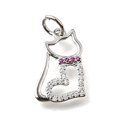 Cat Shape Латунные микро проложить кубического циркония подвески, с прыгающим кольцом, долговечный, без кадмия и без свинца, стойки покрытие, настоящий 18k позолоченный/платиновый, форма кошки, 15.5x10.5x1.5 мм