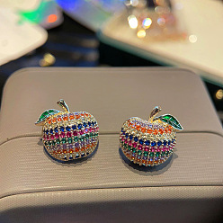 Разноцветный Серьги-гвоздики из латуни с микропаве из кубического циркония, с 925 булавкой из стерлингового серебра, золотые, слева и справа, красочный, 18x17.5 мм