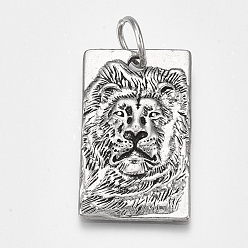 Античное Серебро Сплавочные подвески тибетского стиля, Прямоугольник со львом, античное серебро, 44.5x26x4.5 мм, отверстие : 10 мм