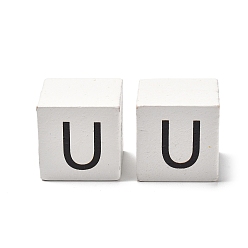 Letter U Древесина европейского бисера, бусины с большим отверстием, куб с письмом, Буква U, 30.5x30.5x29.5~30.5 мм, отверстие : 5 мм