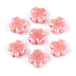 Светло-Коралловый Фарфоровые бусины ручной работы, Четыре листа клевера, яркие глазированный фарфор, свет коралловый, 11.5~12x11.5~12x5.5~6 мм, отверстие : 1.8~2 мм