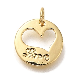 Настоящее золото 18K Стойки обшивки латунные подвески, без кадмия и без свинца, долговечный, плоско-круглые с сердцем, с подвесками-кольцами, реальный 18 k позолоченный, 13x1.5 мм, отверстие : 3 мм