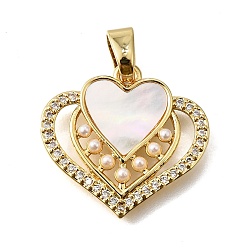 Сердце Латунные микропаве кубические цирконии АБС имитация жемчуга подвески, без кадмия и без свинца, с оболочкой, реальный 18 k позолоченный, сердце, 19x20.5x3 мм, отверстие : 3.5x6 мм