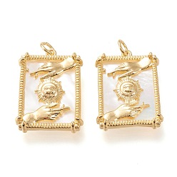 Золотой Латунные подвески, с натуральной оболочкой и прыжковыми кольцами, долговечный, прямоугольник с рукой и солнцем, золотые, 25x18x4 мм, отверстие : 3.5 мм