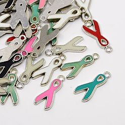 (52) Непрозрачная лаванда Подвески из эмали и сплава, без свинца и без кадмия, осведомленности ленты, Платиновый металл, разноцветные, 19x8x1 мм, отверстие : 2 мм