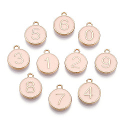 Misty Rose Light Gold Plated Alloy Enamel Charms, Enamelled Sequins, Flat Round with Number, Number 0~9, Misty Rose, 14.5x12x2.5mm, Hole: 1.4mm, 10pcs/set