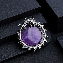 Amethyst Natural Amethyst Metal Flying Dragon Wrapped Pandants, Flat Round Charms, Antique Silver, 40mm