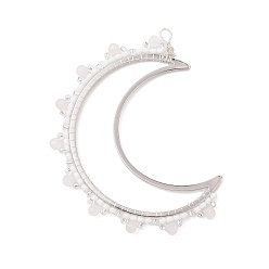 Rose Quartz Wire Wrapped Natural Rose Quartz & Glass Bead Big Pendants, Brass Moon Charm, 62x36x2mm, Hole: 3mm