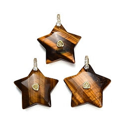 Tiger Eye Natural Tiger Eye Pendants, Star Charms, with Brass Pave Cubic Zirconia Findings, Golden, 30~32.5x31.5~34x11~12.5mm, Hole: 6x7mm