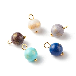 Mashan Jade Natural Mashan Jade Charms, with Colden Tone Brass Loops, Round, Mixed Color, 12.5~14x8mm, Hole: 3mm