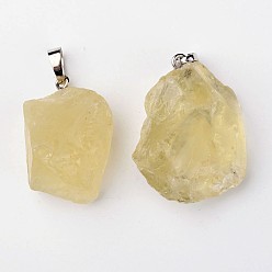 Лимонный Кварц Естественно лимона кварцевые кулоны, самородки, с латунной фурнитурой , платина, 26~42x20~26x14~22 мм, отверстие : 5x8 мм