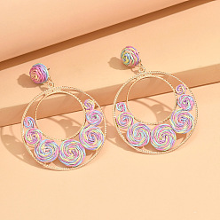 Colorful Alloy & Raffia Grass Woven Flower Dangle Stud Earring for Women, Round, Colorful, 82x60mm