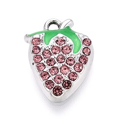 Розовый Rhinestone сплава и эмали подвески, клубника, платина, светло-розовый, 17x13x4 мм, отверстие : 1.8 мм