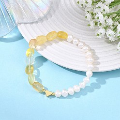 Флюорит Картофель, натуральный культивированный пресноводный жемчуг и самородки, браслеты из натурального желтого флюорита с бусинами, эластичные., с латунными сердечками, золотые, внутренний диаметр: 2.26 дюйм (5.75 см)