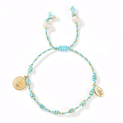 Небесно-голубой 304 Браслеты с религиозными подвесками из нержавеющей стали, Регулируемые браслеты из плетеного хлопкового шнура для женщин, Дева Мария и святой Бенедикт, золотые, голубой, 11.02 дюйм (28 см)