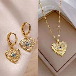 Золотой Сердце с рисунком глаза 304 ожерелье с подвеской из нержавеющей стали с микропаве из кубического циркония и комплект из серег-колец, золотые, 400 мм и 32x14.9 мм