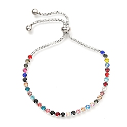 Colorful Adjustable 304 Stainless Steel Rhinestone Strass Chains Slider Bracelets, Bolo Bracelets, with Box Chains, Stainless Steel Color, Colorful, 1/8 inch(0.3cm), Inner Diameter: 1-1/2 inch(3.8cm)