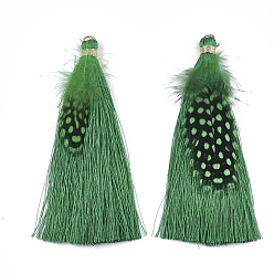 Sea Green Polyester Tassel Big Pendant Decorations, with Feather and Iron Findings, Sea Green, 96~100x7mm, Hole: 5mm