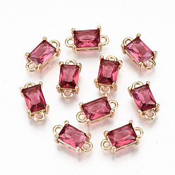 Cerise Transparent Glass Links Connectors, with Light Gold Tone Brass Findings, Long-Lasting Plated, Cadmium Free & Lead Free, Rectangle, Cerise, 12x6x4.5mm, Hole: 1.4mm