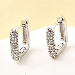 Платина Латунные серьги-кольца из прозрачного кубического циркония, без свинца и без кадмия, долговечный, стойки покрытие, прямоугольные, платина, 14x12x3 мм