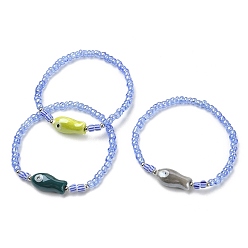 Mixed Color Porcelain Fish & Seed Beaded Stretch Bracelet, Mixed Color, Inner Diameter: 2 inch(5.2cm)
