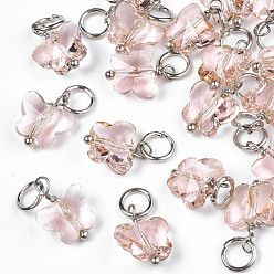 Pink Faceted Transparent Glass Charms, with Iron Jump Ring, Butterfly, Pink, 13~14x9.8x6mm, Hole: 4mm