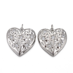 Платинированный Кулоны из чеканной латуни с прозрачным кубическим цирконием, с прыжковых колец, долговечный, Сердце звездочкой, Реальная платина, 23x25x4.5 мм, отверстие : 3 мм