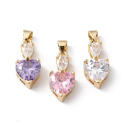 (52) Непрозрачная лаванда Стойки обшивки латунь кубического циркония подвески, долговечный, без кадмия и без свинца, реальный 18 k позолоченный, шарма сердца, разноцветные, 19x9x6 мм, отверстие : 5x3 мм