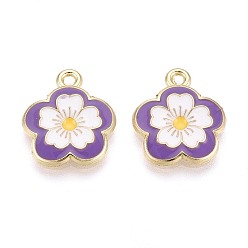 Средний Фиолетовый Подвески из сплава и эмали, цветок, золотой свет, средне фиолетовый, 17~17.5x15x2 мм, отверстие : 1.8 мм