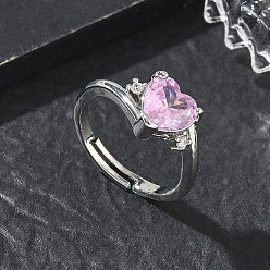 Платина Регулируемые латунные кольца на палец с розовым сердечком из кубического циркония — подарок на День святого Валентина., долговечный, платина, Сердце: 9x10 mm, внутренний диаметр: 17 мм