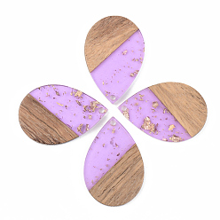 Lilac Transparent Resin & Walnut Wood Pendants, with Gold Foil, Teardrop, Lilac, 35.5x24.5x3mm, Hole: 2mm
