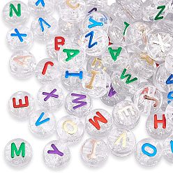 Mixed Color Plating Transparent Acrylic Beads, with Glitter Powder, Metal Enlaced, Flat Round with Letter, Mixed Color, 10x6mm, Hole: 1.8mm, 7 colors, 20g/color, 140g/box
