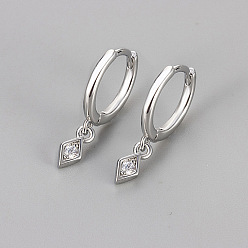 Платина Серьги-кольца из латуни с прозрачными кубическими циркониями, ромб, платина, 11.57 мм