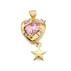 Настоящее золото 18K Латунные микро проложить кубического циркония подвески, Сердце звездочкой, стойки покрытие, долговечный, без свинца и без кадмия, реальный 18 k позолоченный, 24x13x9 мм, отверстие : 5x3.5 мм