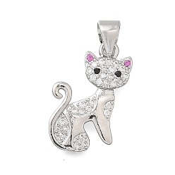 Платина Латунные микро проложить кубического циркония подвески, форма кошки, без кадмия и без свинца, стойки покрытие, долговечный, платина, 19x12x2.5 мм, отверстие : 3.5x4 мм