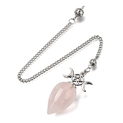Cuarzo Rosa Colgantes de péndulo de radiestesia de cuarzo rosa natural, con cadena de hierro y tapas de aleación, dijes de lágrima y pentagrama de triple luna, 258~260 mm, agujero: 1.6 mm