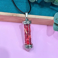 Синтетический Коралл Кулон из цинкового сплава в виде шестиугольной стеклянной бутылки с внутренними вставками из синтетического коралла, ожерелье из черного шнура из искусственной кожи., платина, 19.69 дюйм (50 см)