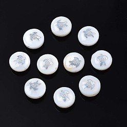 Platinum Natural Freshwater Shell Beads, with Brass Metal Embellishments, Flat Round with Tortoise, Platinum, 8x4~5mm, Hole: 0.6mm