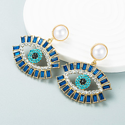 Steel Blue Evil Eye Brass Pave Cubic Zirconia Dangle Earrings, Plastic Pearl Stud Earrings for Women, Steel Blue, 50x44mm