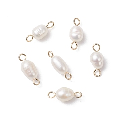 Настоящее золото 18K Подвески с разъемом для риса из натурального культивированного пресноводного жемчуга, с 304 двойными петлями из нержавеющей стали, белые, реальный 18 k позолоченный, 13.5~14.5x5~6 мм, отверстия : 1.5 mm и 2 мм