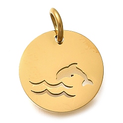 Настоящее золото 18K 304 прелести нержавеющей стали, с целью перехода в кольце, плоский круглый с подвеской в виде дельфина, лазерная резка, ионное покрытие (ip), реальный 18 k позолоченный, 12x1 мм, отверстие : 3 мм