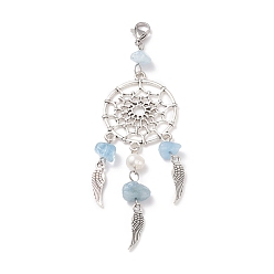 Аквамарин Подвеска из натурального аквамарина, тканая сетка / паутина из сплава с подвесным орнаментом на крыльях, с натуральным культивированным пресноводным жемчугом, 304 нержавеющая сталь застежка когтя омара, 98~100 мм