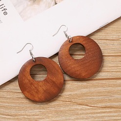 Плоский Круглый Серьги-подвески из сплава дерева, платина, плоско-круглые, 53x50 мм