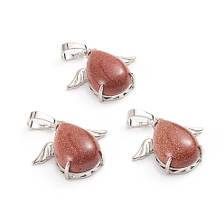 Камень с Пылевым Золотом Синтетические голдстоуновские подвески, с латунными кабошонами, слеза, с крылом, 23~23.5x25x8~9 мм, отверстие : 8x5 мм