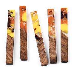 Желтый Большие подвески из прозрачной смолы и орехового дерева, золотой фольгой, прямоугольник амулеты, желтые, 40x5x4 мм, отверстие : 2 мм