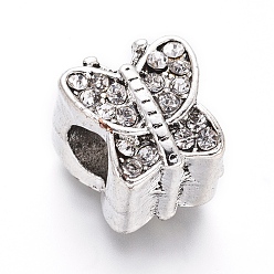 Кристалл Старинное серебро покрытием сплава европейских бисер, со стразами, бусины с большим отверстием, бабочка, кристалл, 11x10.5x9 мм, отверстие : 5 мм