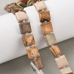 Пейзажный Джаспер Естественного изображения яшмы бисер нитей, квадратный, 10.5~11x10~11x5~6 мм, отверстие : 0.9~1 мм, около 32~34 шт / нитка, 15.39~15.63'' (39.1~39.7 см)