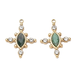 African Jade Natural African Jade Faceted Horse Eye Pendants, 304 Stainless Steel Crystal Rhinestone Cross Bezeled Charms, Ion Plating(IP), Real 14K Gold Plated, 22.5x17x3.5mm, Hole: 1.5mm