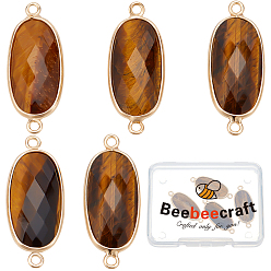 Tiger Eye 5Pcs Natural Tiger Eye Connector Charms, with Light Gold Plated Edge Brass Loops, Faceted Oval Links, 27x11x5.5mm, Hole: 2mm